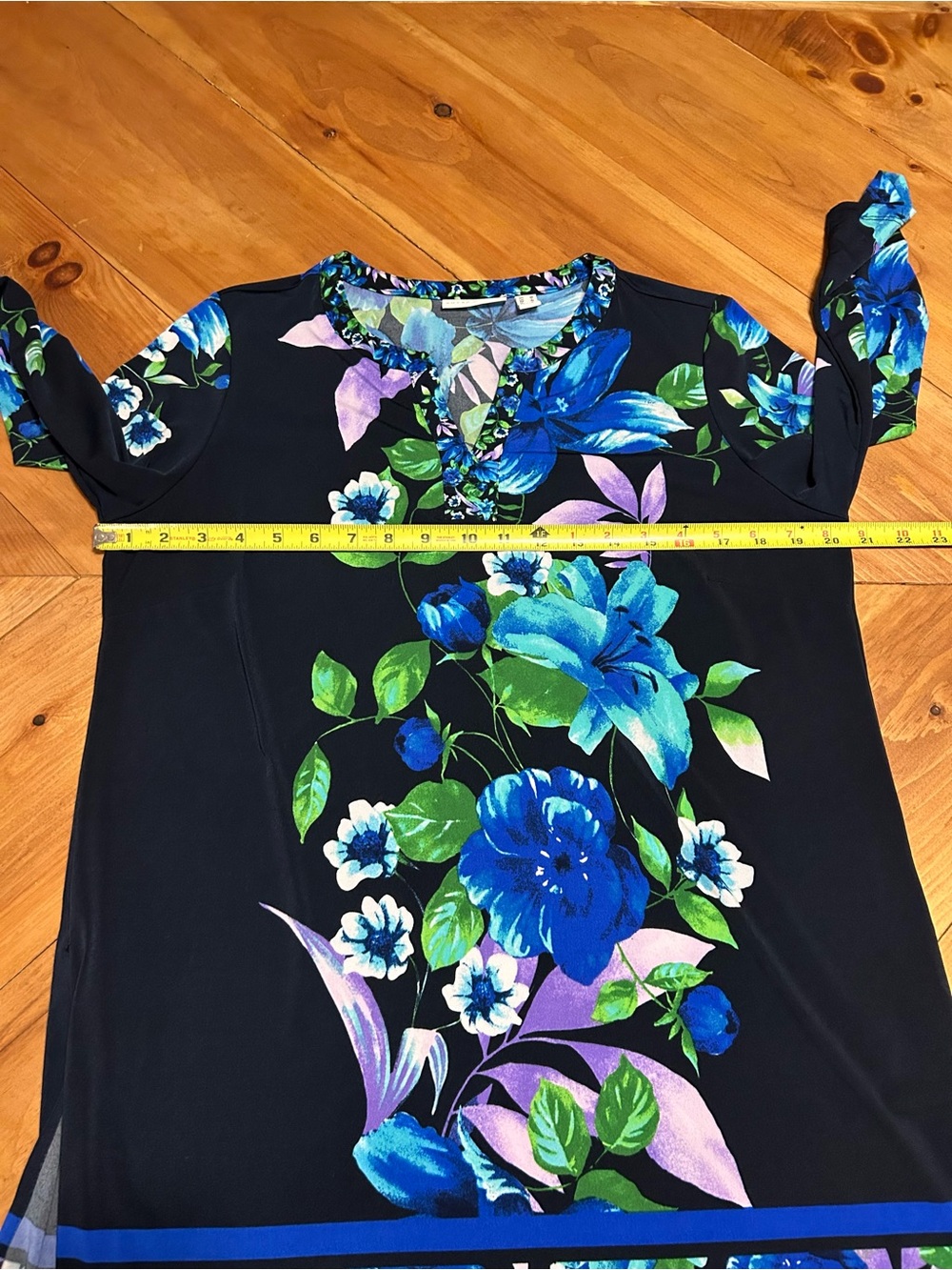 Susan Graver Black Floral V-Neck Tunic with Blue, Green & Purple Blooms - Picture 7 of 7